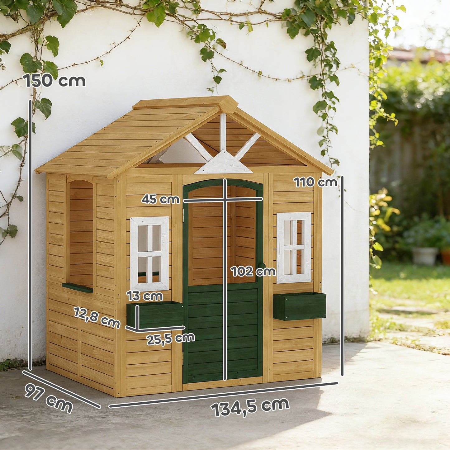 Aiyaplay Casita Infantil Exterior E Interior De Madera Con 2 Maceteros Marrón_2