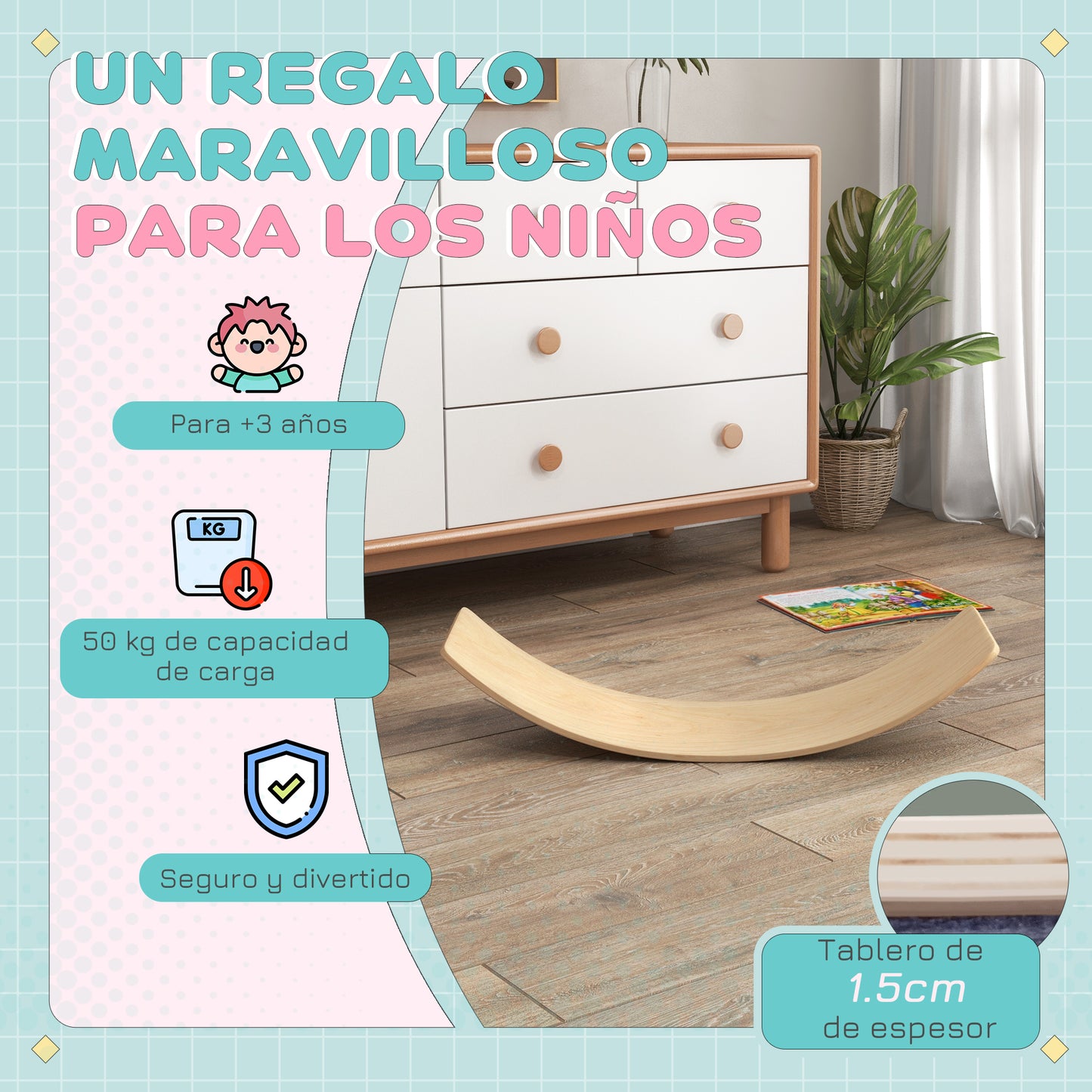 Aiyaplay Tabla De Equilibrio Para Niños Carga 50 Kg 90x29x19 Cm Natural_5