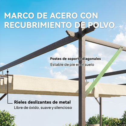 Outsunny Pérgola De Pared 4x3 M Con Techo Retráctil Upf30+ Blanco Crema_5