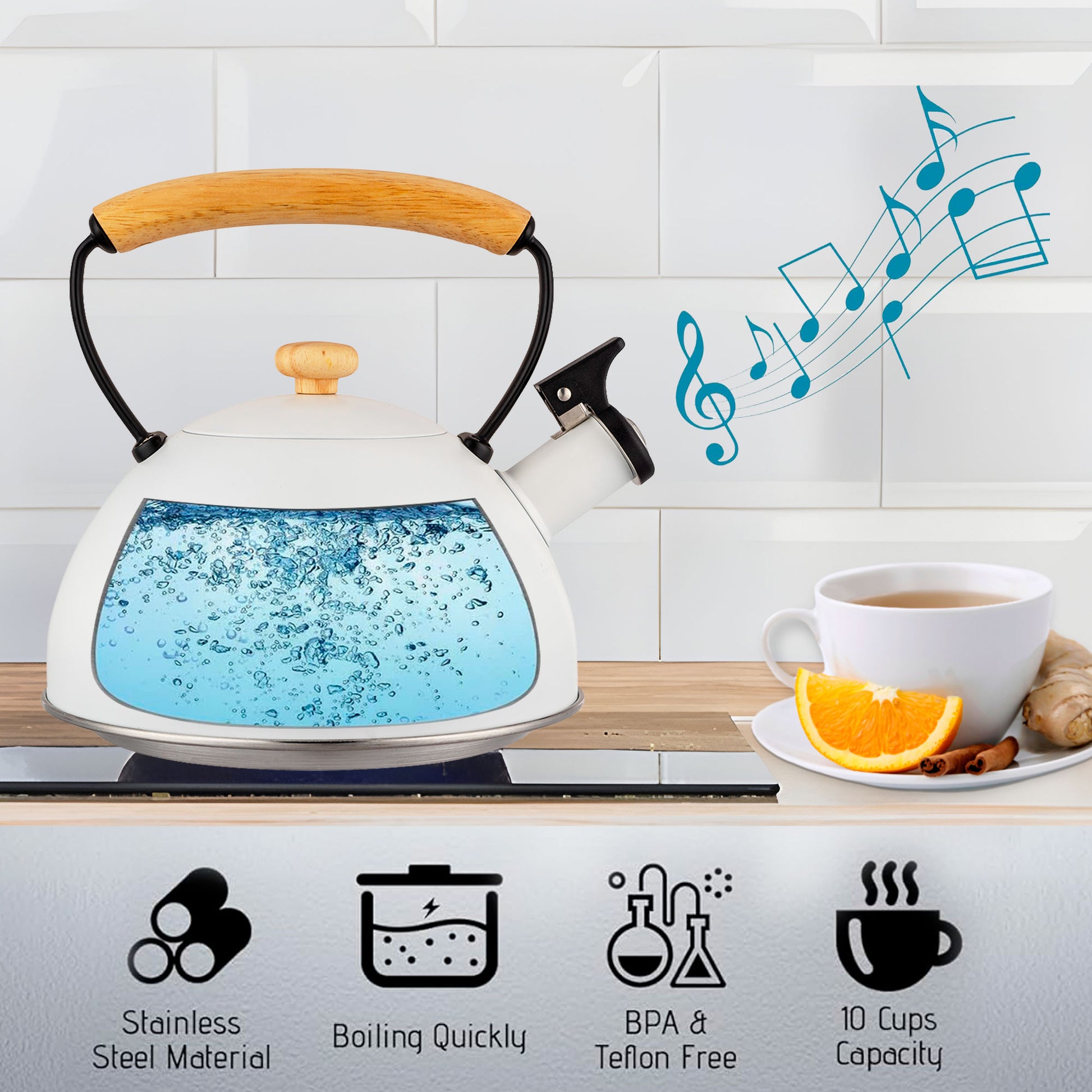 Tetera Con Silbato, Hervidor De Agua 2,5l, Inducción, Acero Inox, Vintage, Mango Madera, Briebe, Nordic, Blanco