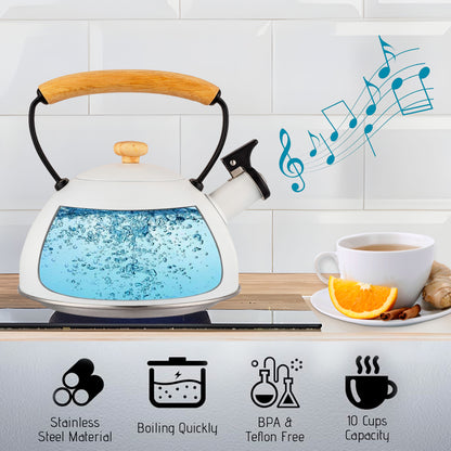 Tetera Con Silbato, Hervidor De Agua 2,5l, Inducción, Acero Inox, Vintage, Mango Madera, Briebe, Nordic, Blanco