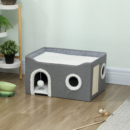 Pawhut Casa Para Gatos Plegable Con Rascador 3 Entradas 60x40x34 Cm Gris_1