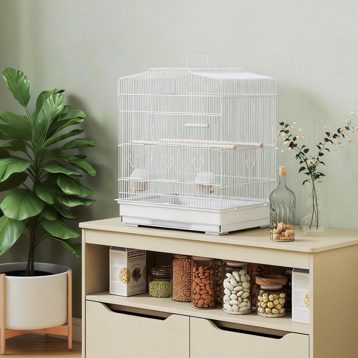 Pawhut Jaula Para Pájaros Con Puertas Comederos Y Bandeja 46,5x36x59 Cm Blanco_3