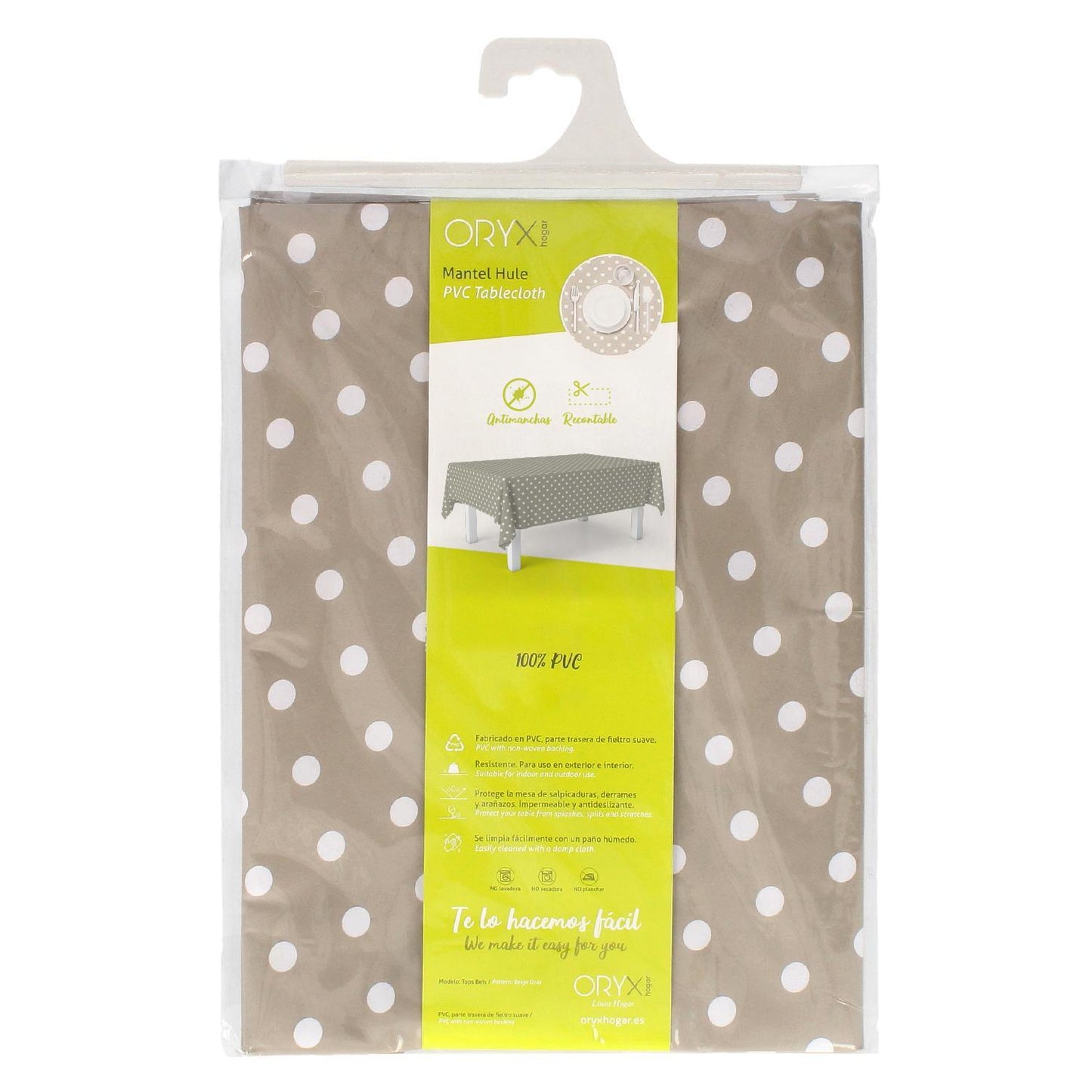 Mantel Hule Rectangular Topos Beige Impermeable Antimanchas Pvc 140x250 Cm.  Recortable Uso Interior Y Exterior