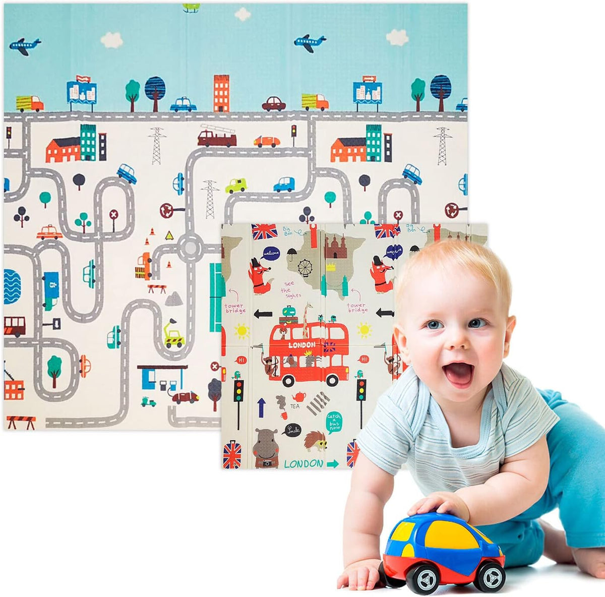 Alfombra Bebe, 1.5cm Grosor, Diseño Infantil, 200 X 180 Cm, Acolchada De Xpe, Reversible_0