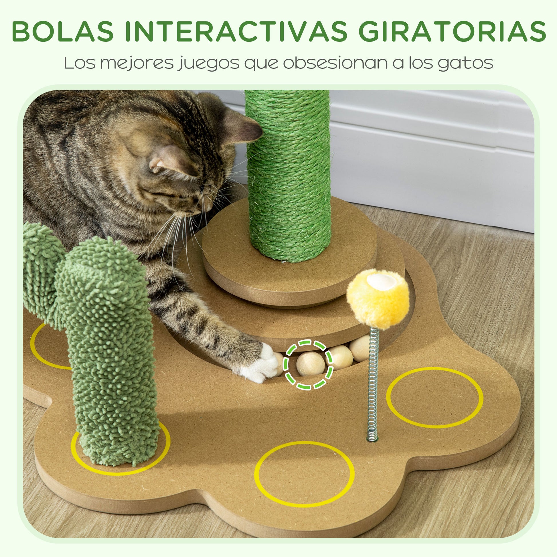 Pawhut Árbol Rascador Para Gatos Con Postes De Cactus Y Bolas 46x43x60 Cm Verde_5