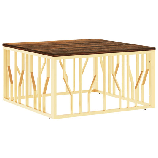 Mesa De Centro Acero Inoxidable Madera Maciza Reciclada Dorada_0