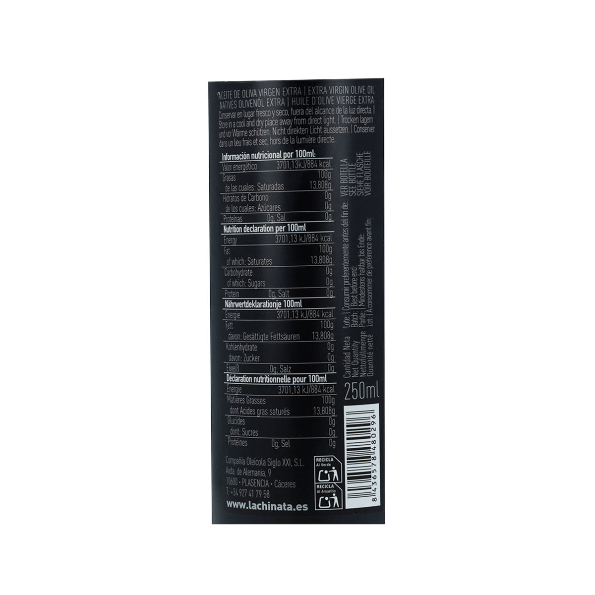 Aceite de Oliva Virgen Extra Vidrio La Chinata 250 ml