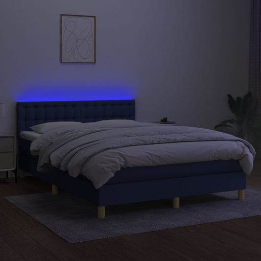 Cama Box Spring Con Colchón Y Led Tela Azul 140x200 Cm / Vetonek_0