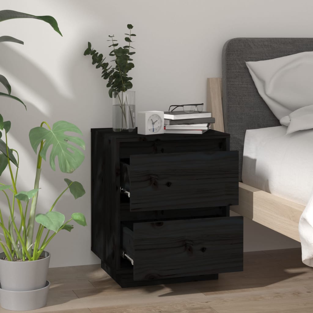 Mesitas De Noche 2 Uds Madera Maciza De Pino Negro 40x35x50 Cm_2