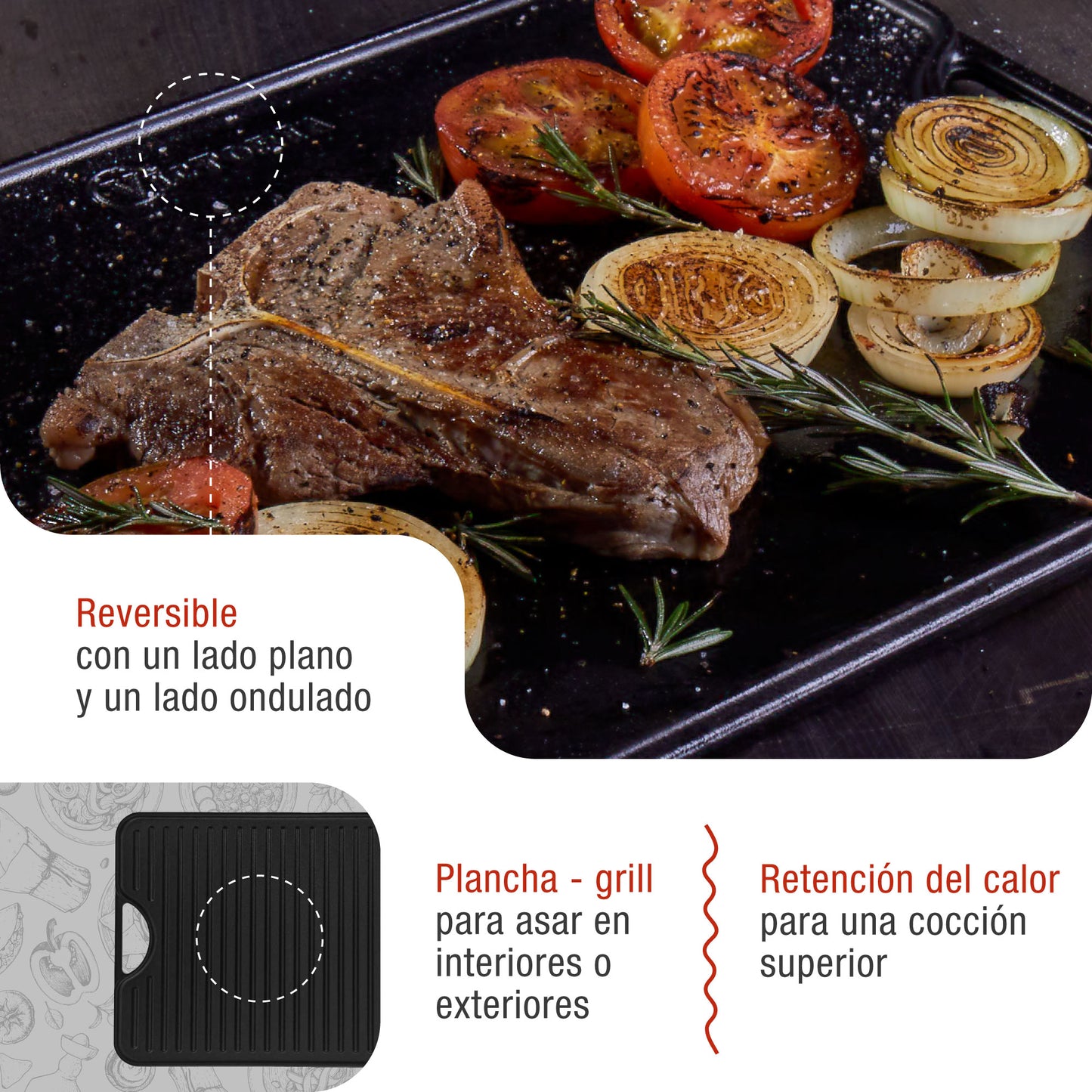 Victoria Plancha Cocina Hierro Fundido Esmaltado Parrilla Reversible 47x25cm, Fuego Barbacoa Sin Ptfe, 31770, Negro_2