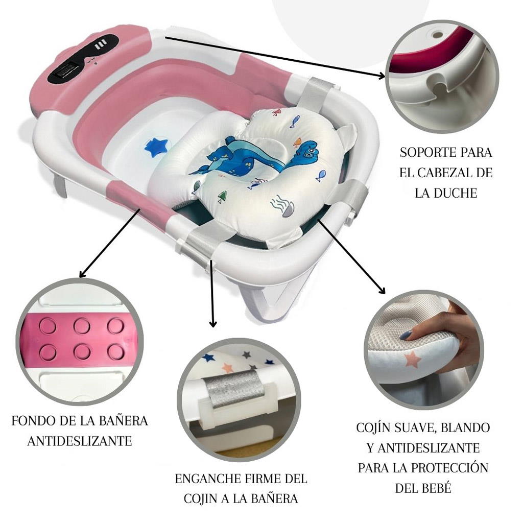 Bathby Bañera Plegable Para Bebés Recién Nacidos, Cojín Dinosaurio, Termómetro, Patas Antideslizantes (rosa Dinosaurio)