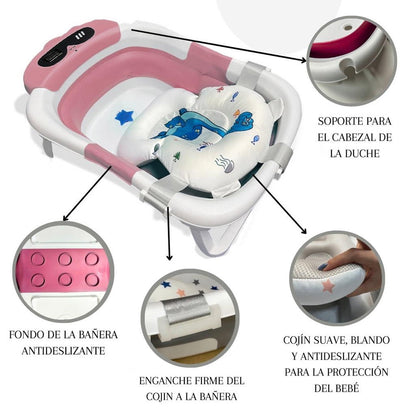 Bathby Bañera Plegable Para Bebés Recién Nacidos, Cojín Dinosaurio, Termómetro, Patas Antideslizantes (rosa Dinosaurio)_4