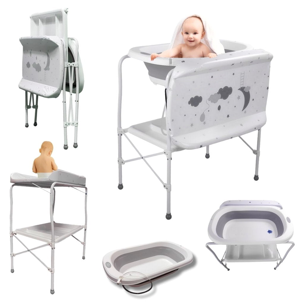 Bathby | Bañera Bebé 5 En 1 Plegable Con Soporte, Cambiador, Bandejas, Desagüe (gris Standard)