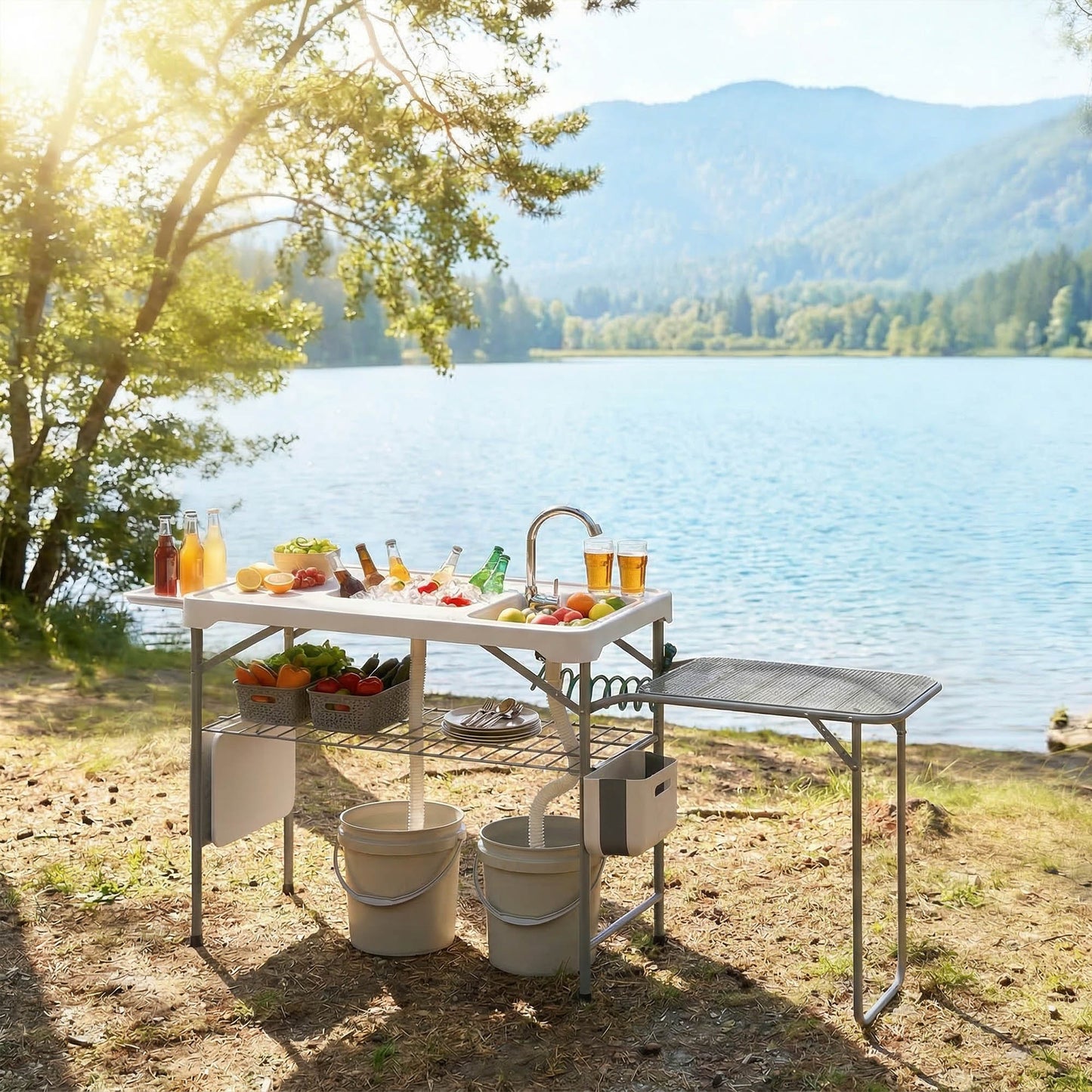 Outsunny Mesa Plegable Camping Con 2 Fregaderos Y Estante Lateral_3