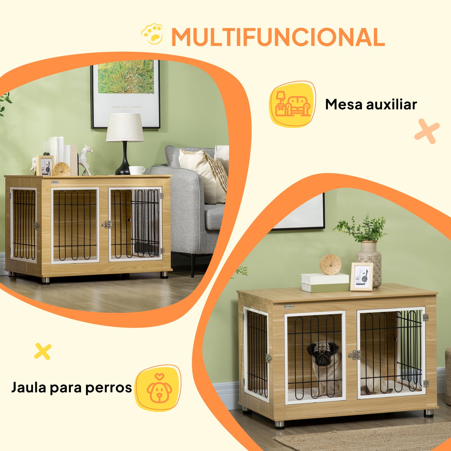 Pawhut Jaula Para Perros Con Cojín Lavable Estructura De Acero 90x58x65 Cm Roble_4