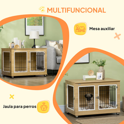 Pawhut Jaula Para Perros Con Cojín Lavable Estructura De Acero 90x58x65 Cm Roble_4