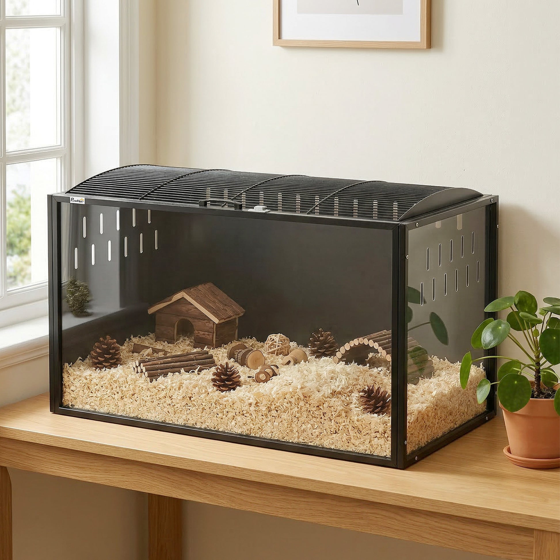 Pawhut Jaula Para Hámster Grande 105x51x53 Cm Con Tapa Ventilada Abatible Negro_1