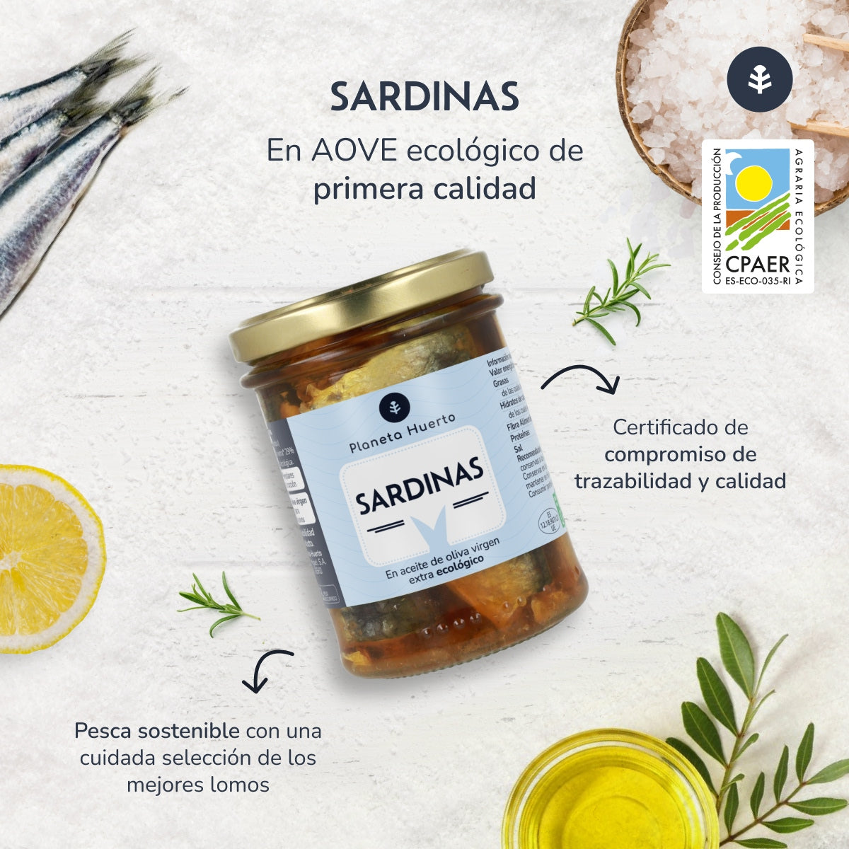Pack 6x Sardinas en aceite de oliva virgen extra ECO Planeta Huerto 190 g