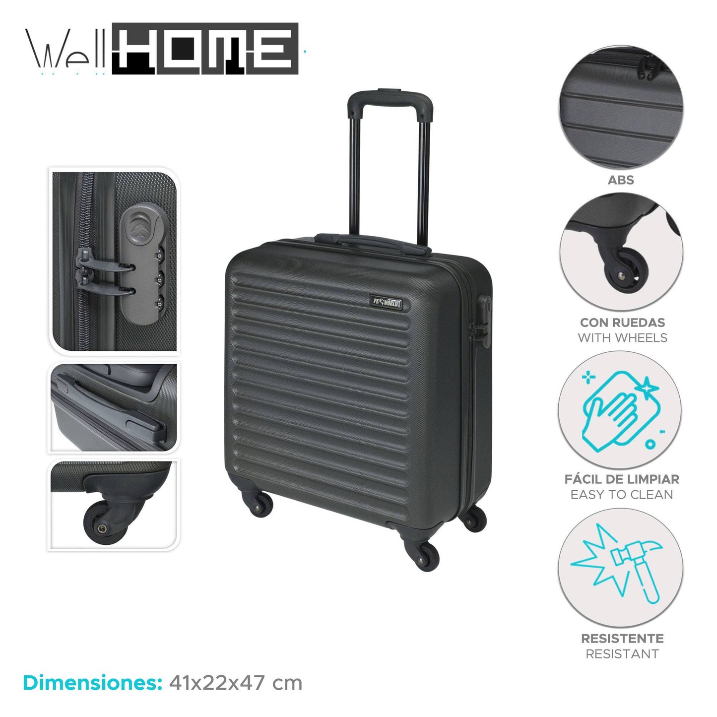 Well Home Maleta Trolley Abs De 16'' Con 4 Ruedas Color Negro