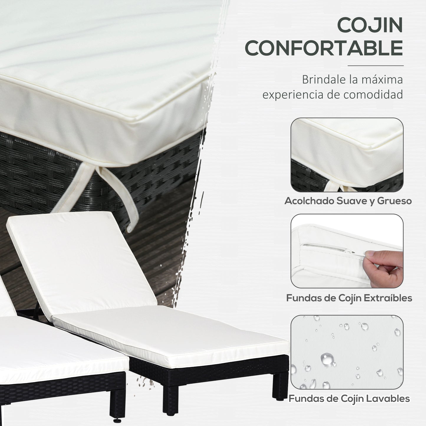 Outsunny Set De 2 Tumbonas De Ratán Chaise Longue Con Cojín Para Exterior Jardín_5