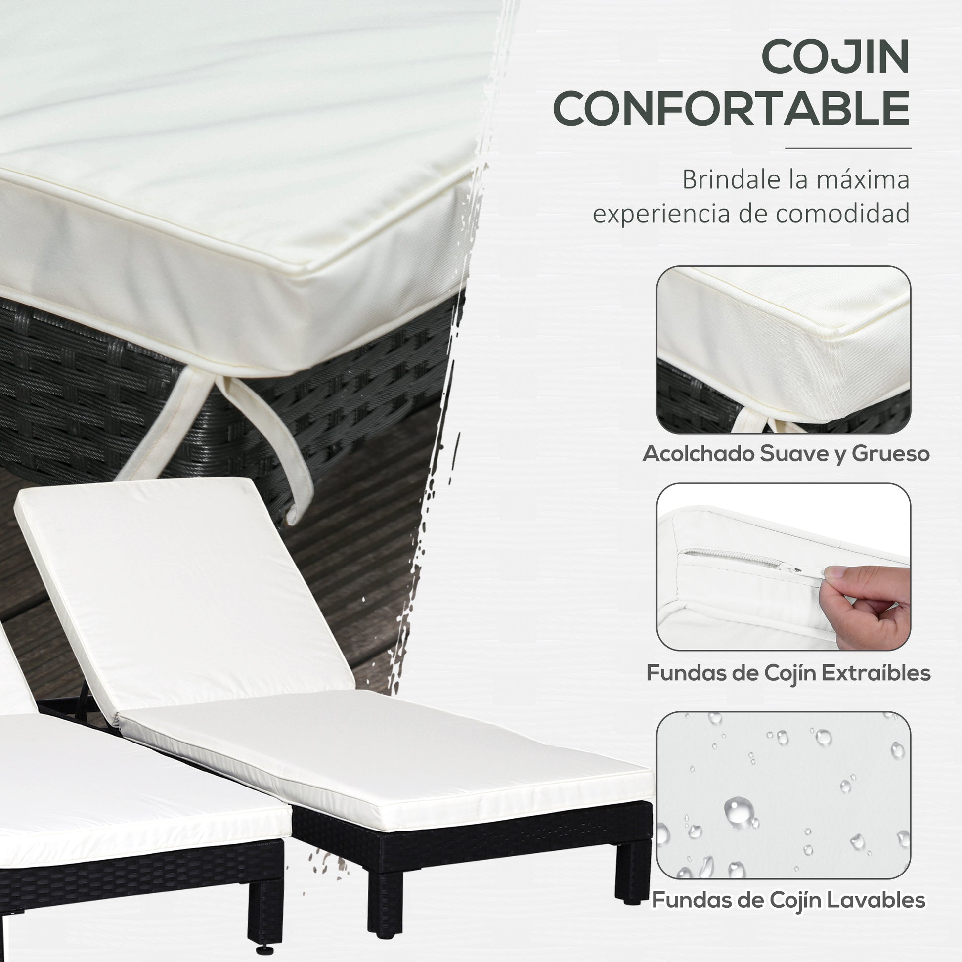 Outsunny Set De 2 Tumbonas De Ratán Chaise Longue Con Cojín Para Exterior Jardín_5