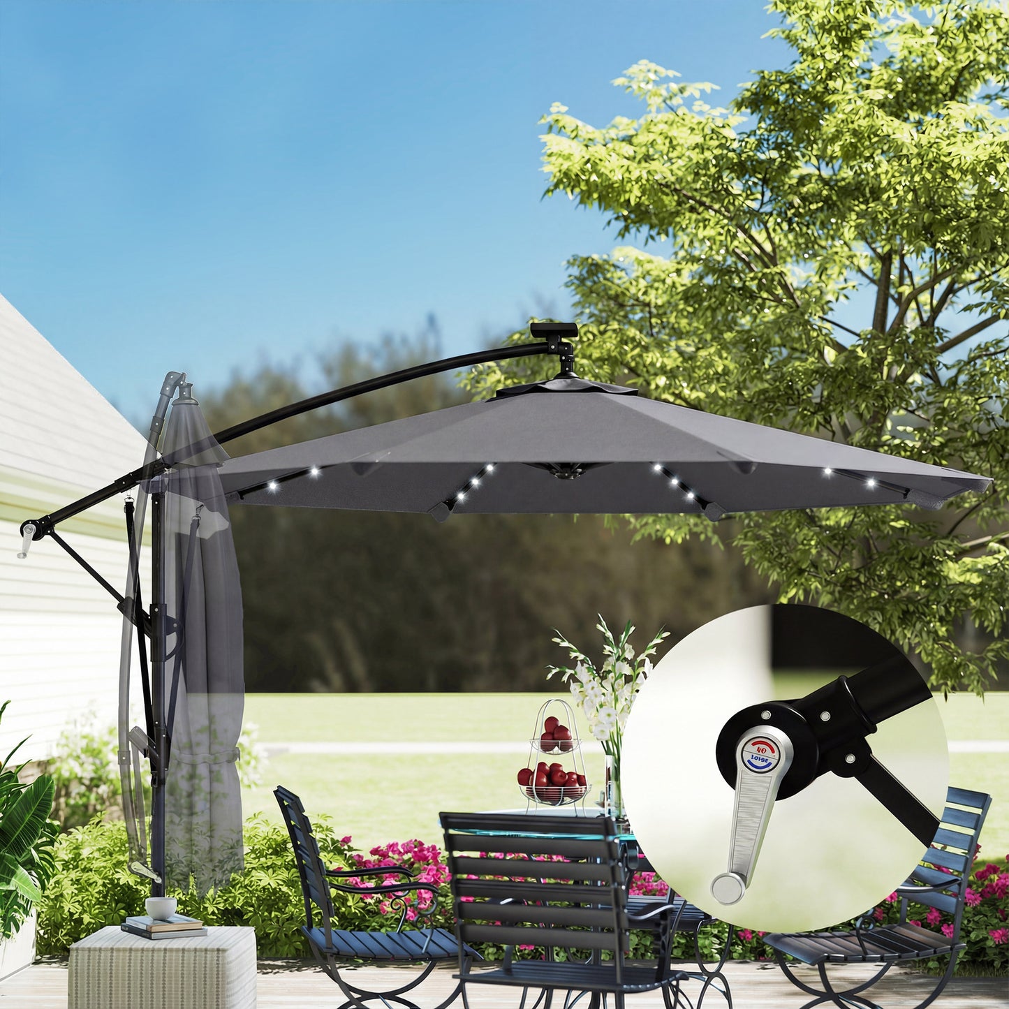 Outsunny Parasol Excéntrico Con Luces Led Solares Base Cruzada 330x295 Cm Gris_4