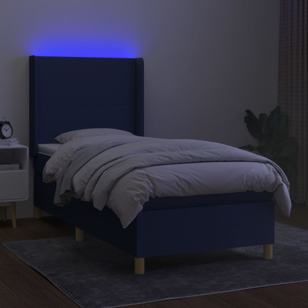 Cama Box Spring Colchón Y Luces Led Tela Azul 90x200 Cm / Vetonek_4