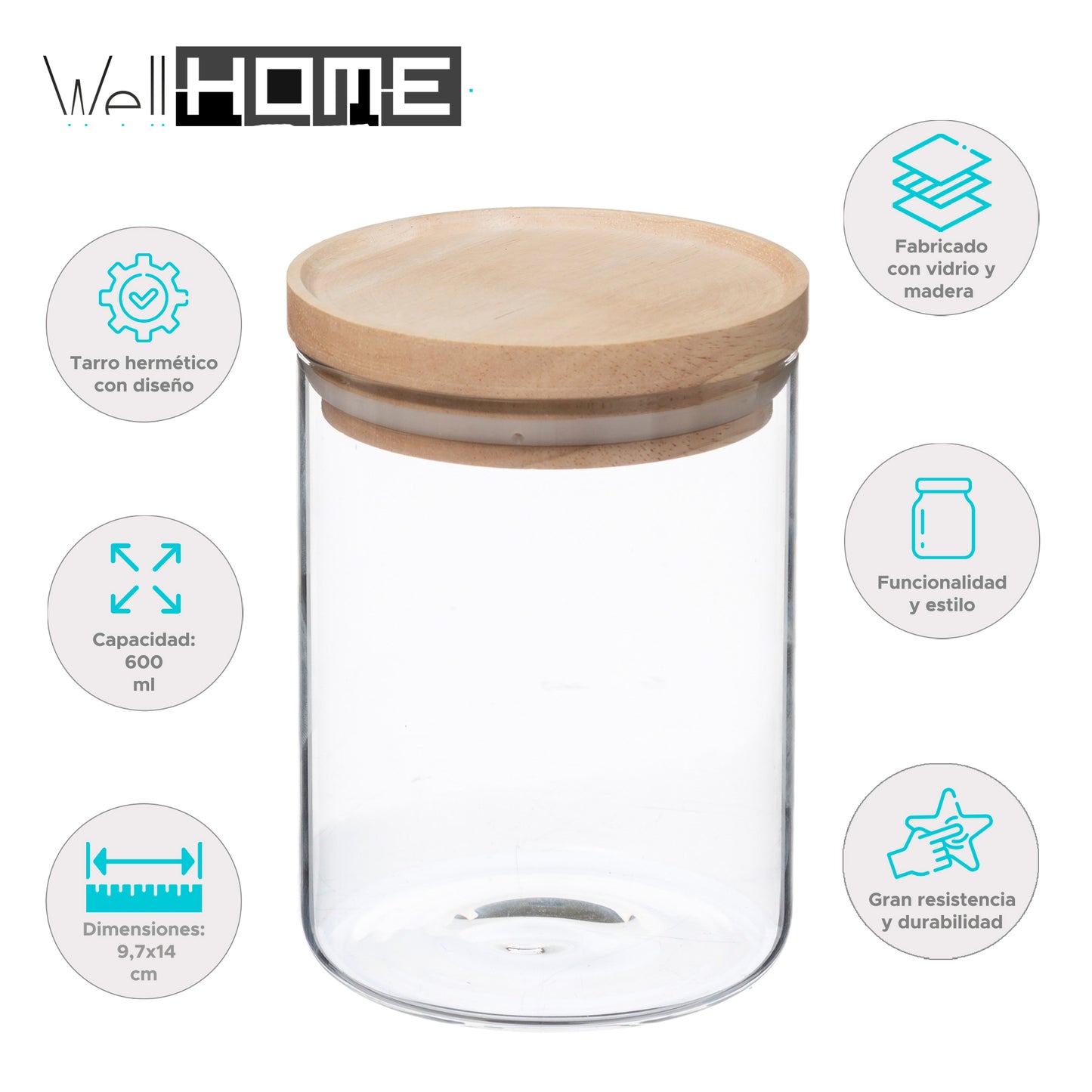 Wellhome - Tarro De Vidrio Y Madera, Cierre Hermético 600ml