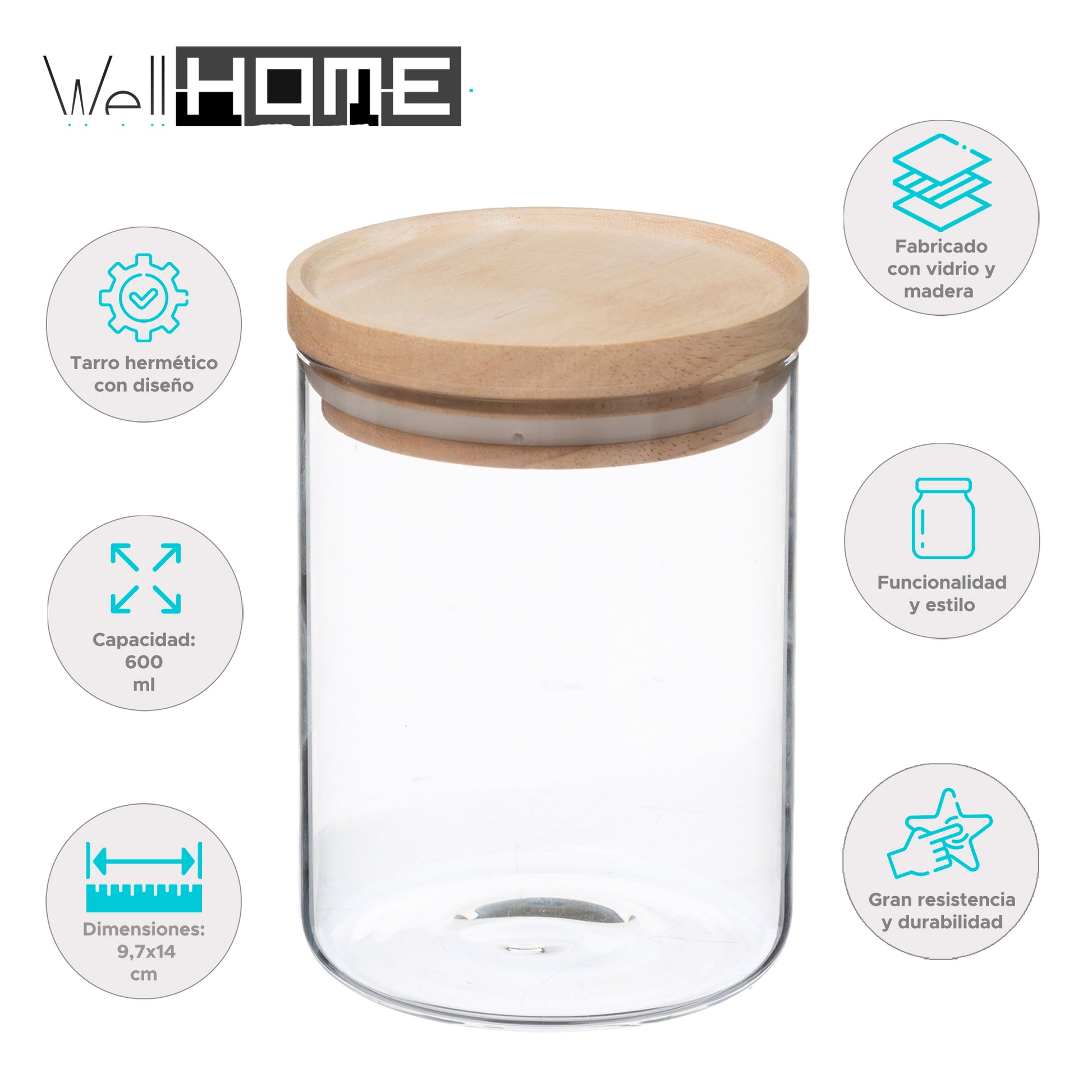 Wellhome - Tarro De Vidrio Y Madera, Cierre Hermético 600ml