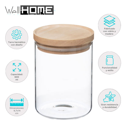 Wellhome - Tarro De Vidrio Y Madera, Cierre Hermético 600ml