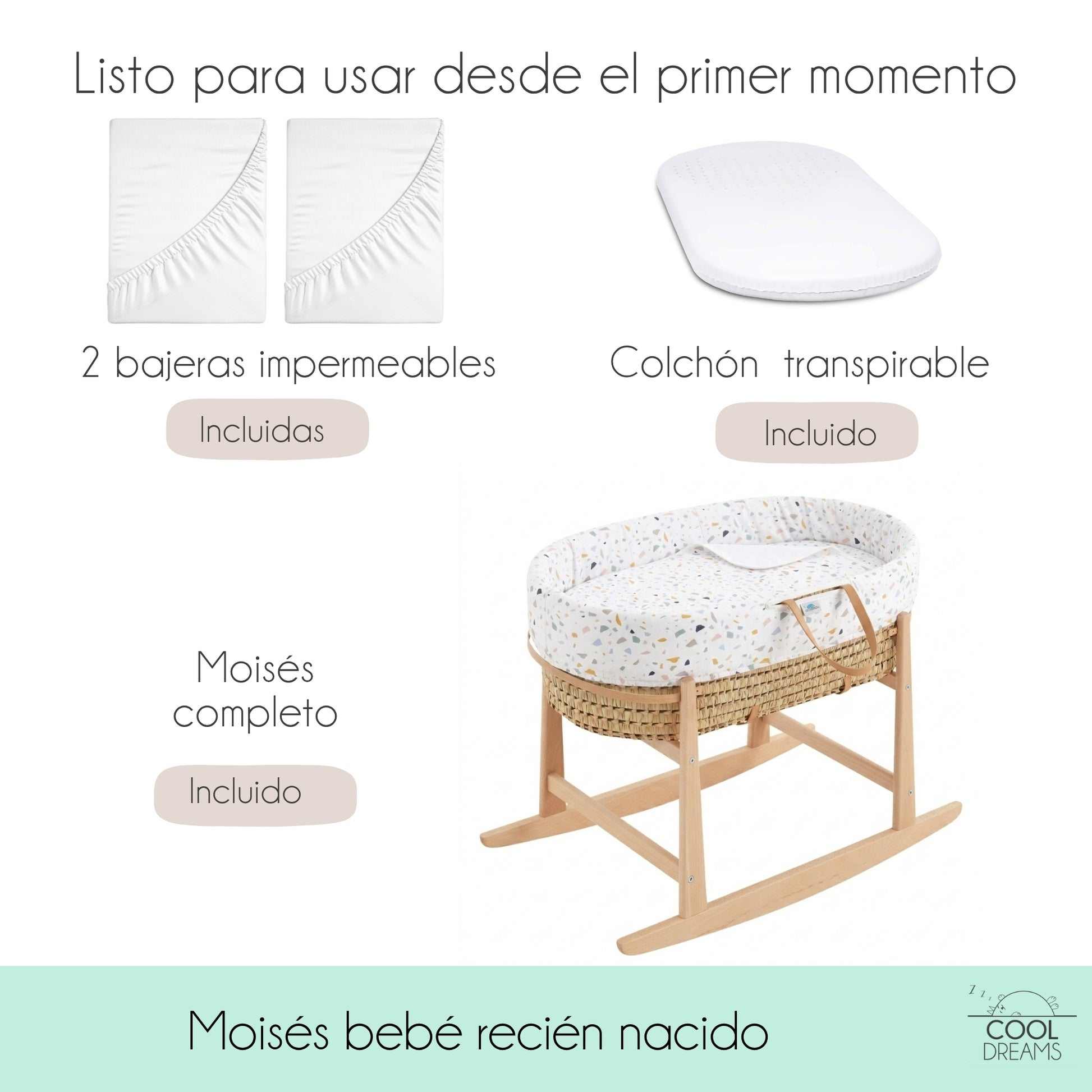 Moisés Completo Para Bebé (vestidura De Algodón Zenith Granite + Colchón + Estructura Balancín + 2 Bajeras Impermeables)_5