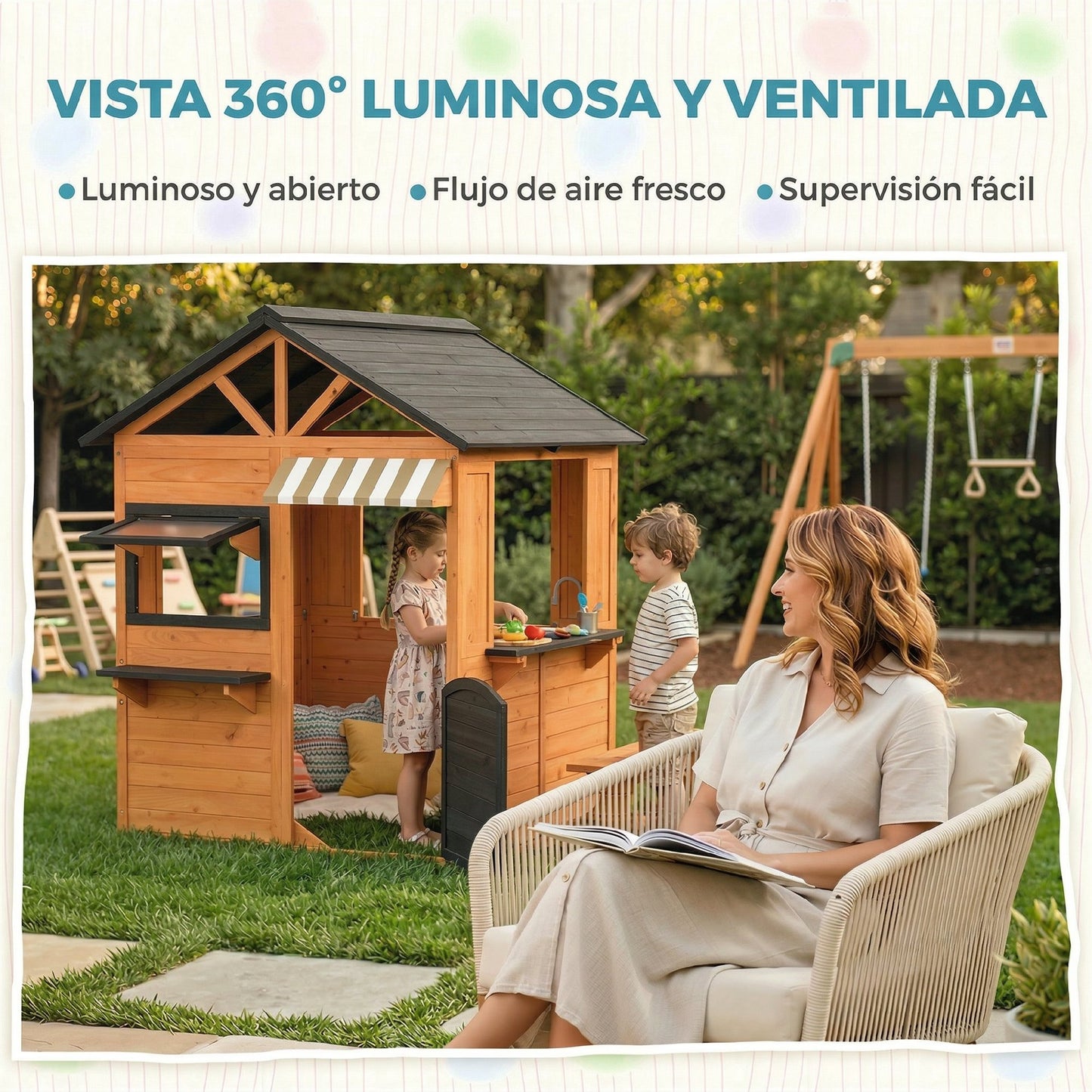 Aiyaplay Casita Infantil Exterior De Madera Con Cocina De Juguete Y Banco Marrón_5