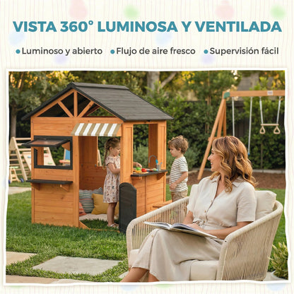 Aiyaplay Casita Infantil Exterior De Madera Con Cocina De Juguete Y Banco Marrón_5