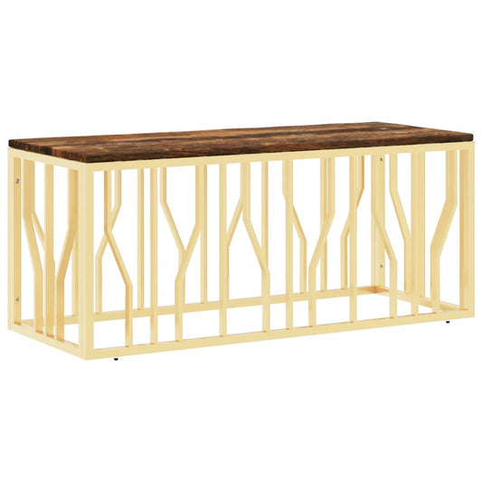 Mesa De Centro Acero Inoxidable Madera Maciza Reciclada Dorada_0