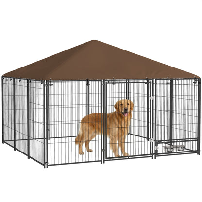 Pawhut Perrera Con Toldo Y 2 Cuencos Para Exterior 211x211x151 Cm Negro Y Café_0
