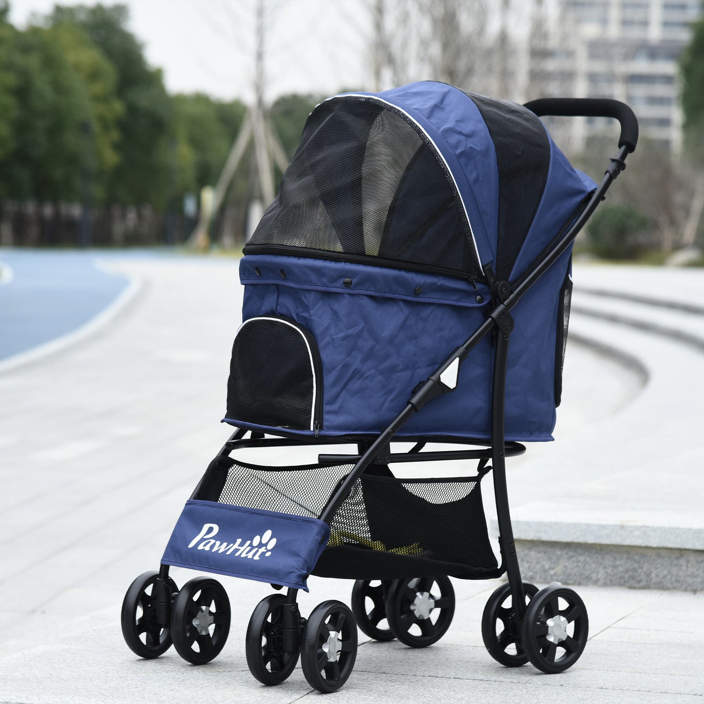 Pawhut Carrito Para Perros Plegable Con Cesta Capota Ajustable Y Ruedas Azul_1
