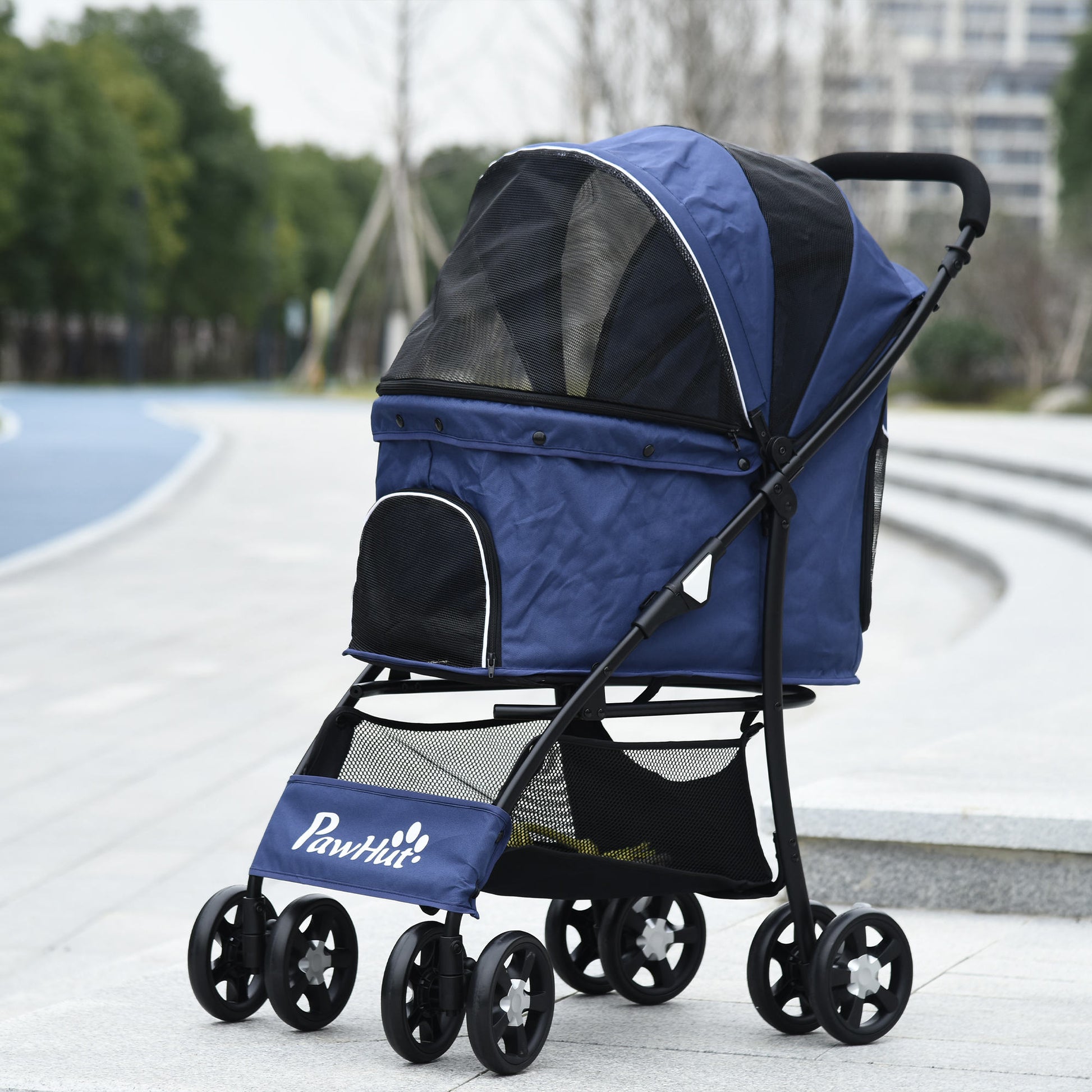 Pawhut Carrito Para Perros Plegable Con Cesta Capota Ajustable Y Ruedas Azul_1