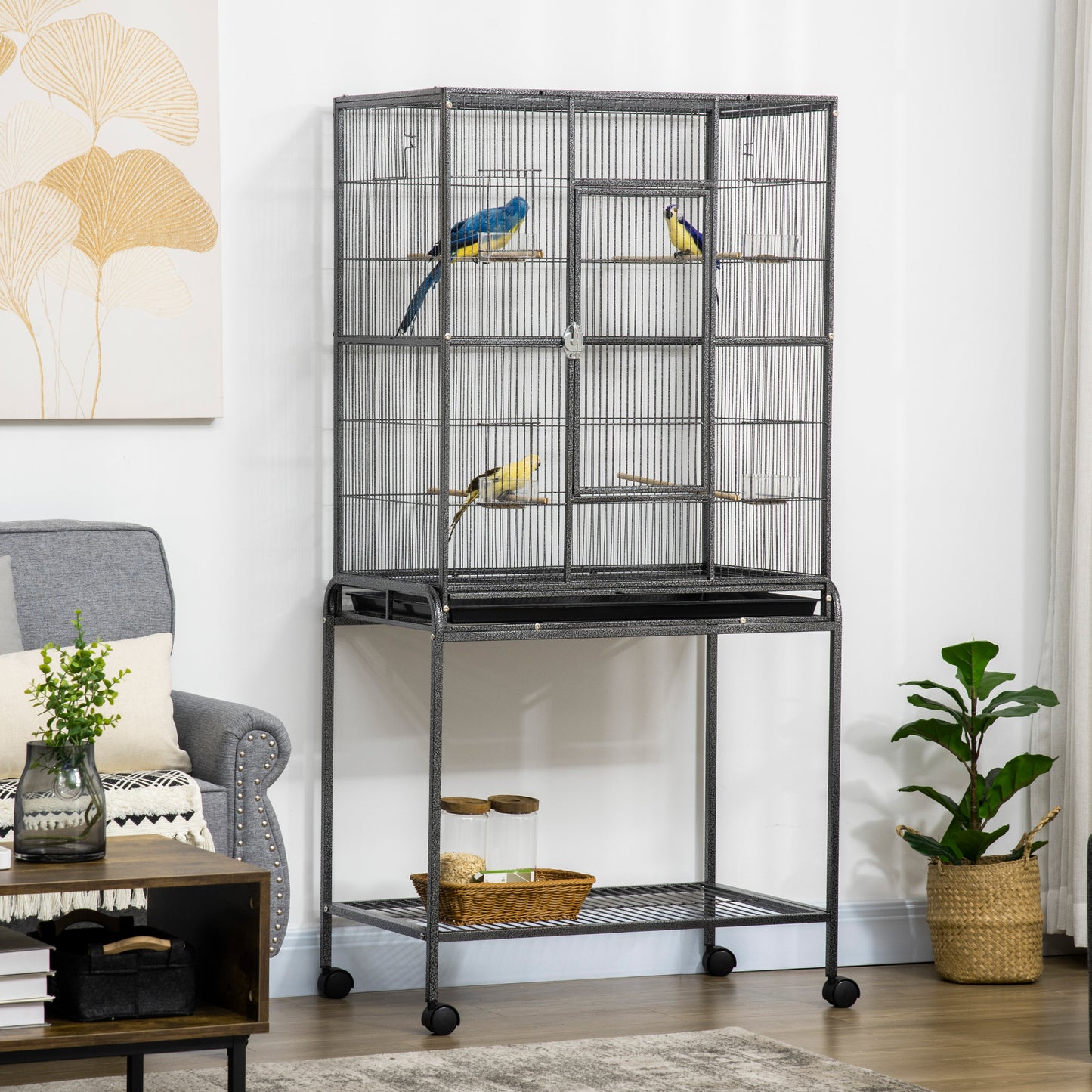 Pawhut Jaula Para Pájaros Con 4 Comederos Ruedas 81x48x162,5 Cm Negro Y Gris_1