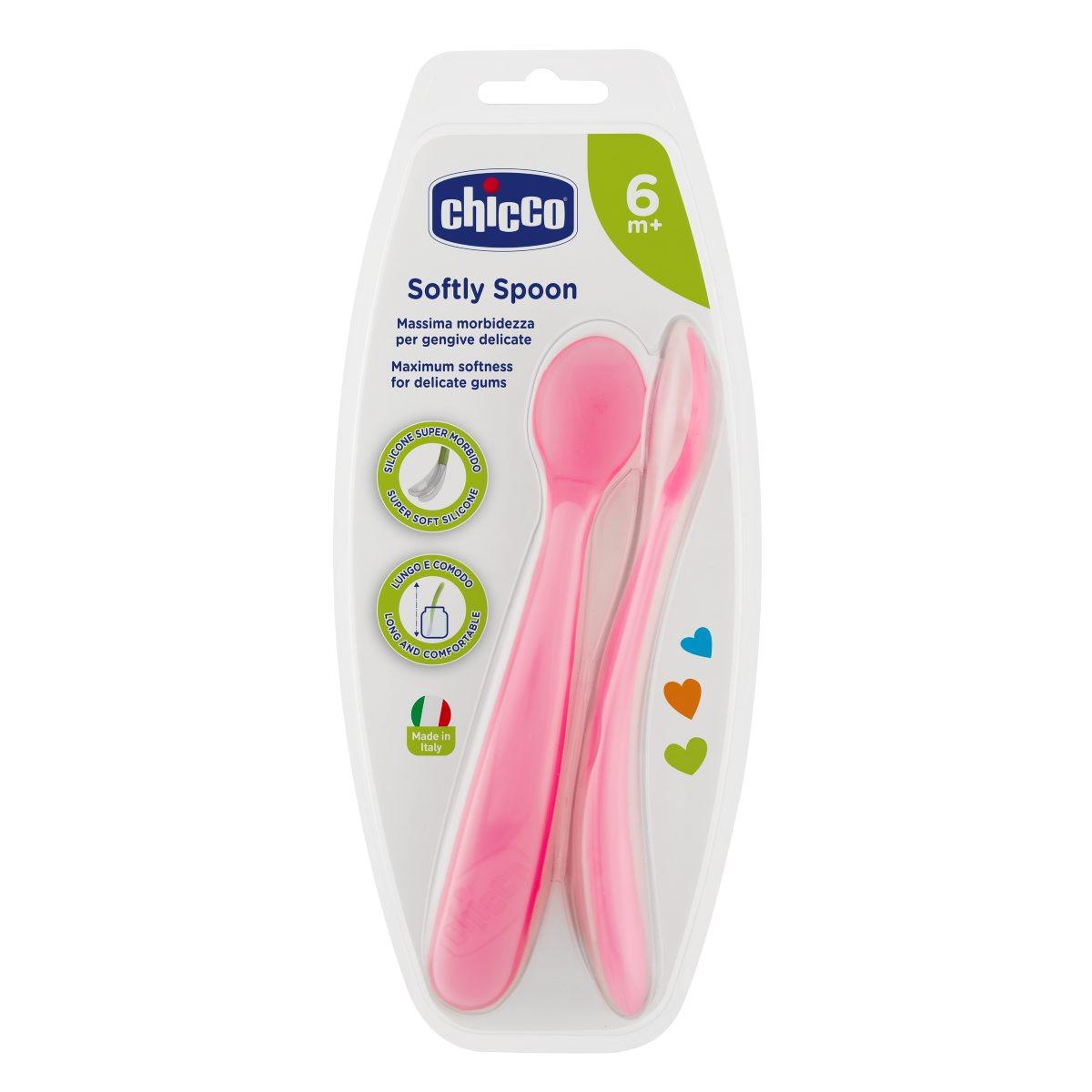 Cuchara silicona 6m+ 2 ud Chicco rosa