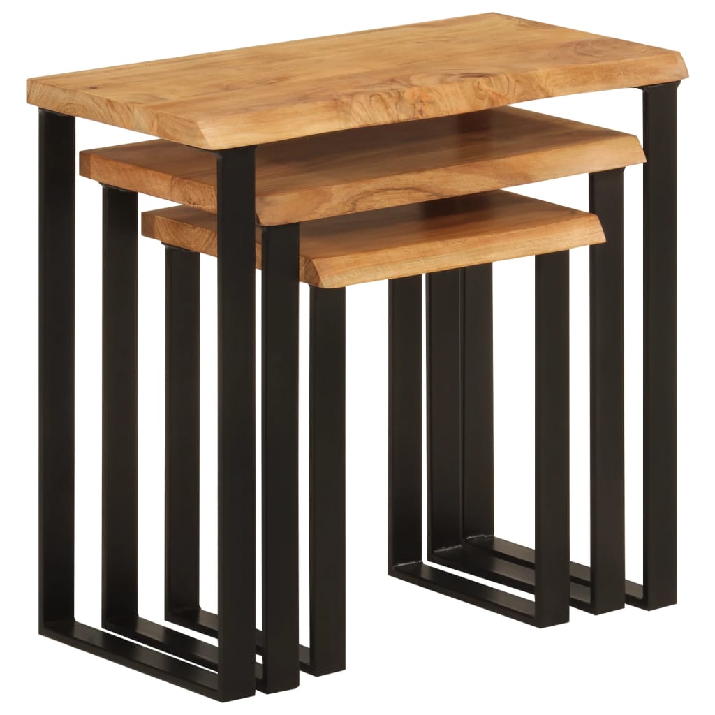 Set De 3 Mesas Apilables Con Borde Natural Madera Acacia Maciza_3