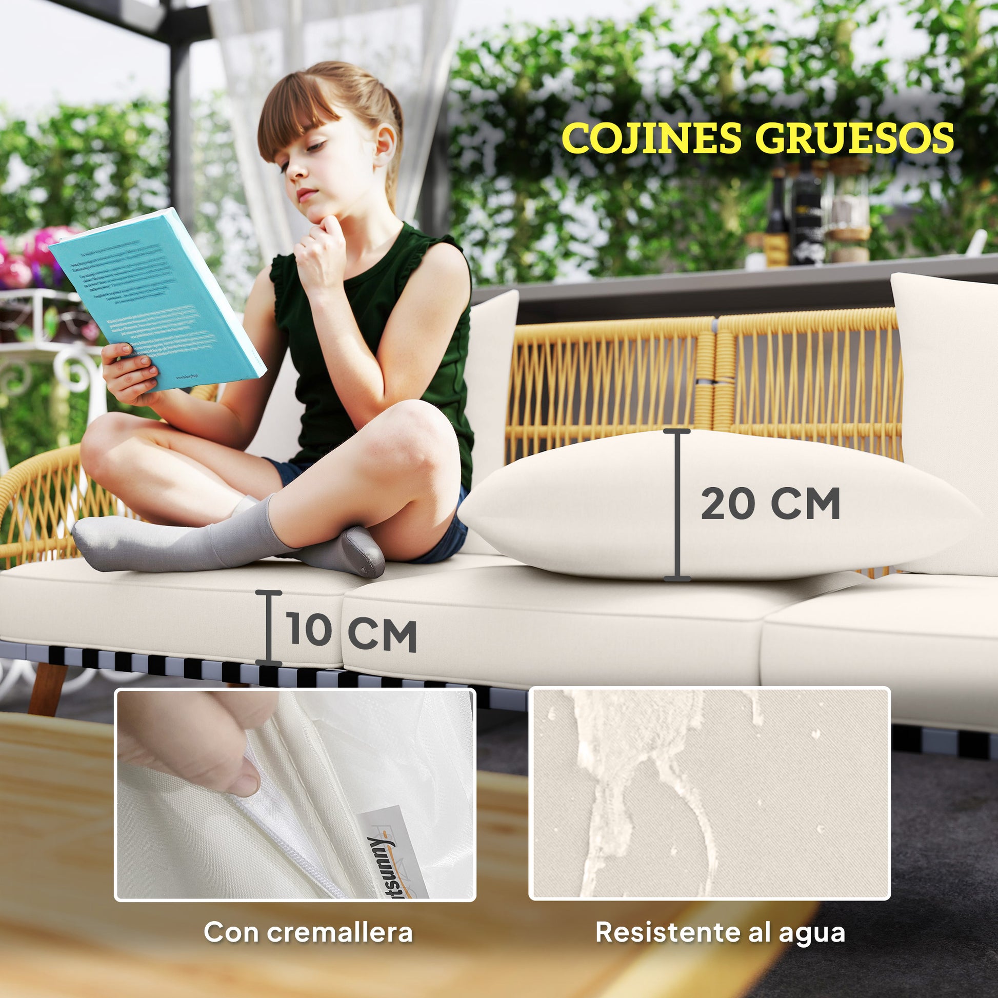 Outsunny Conjunto Jardín Exterior De Ratán Con Cojines Patas De Madera De Acacia_5