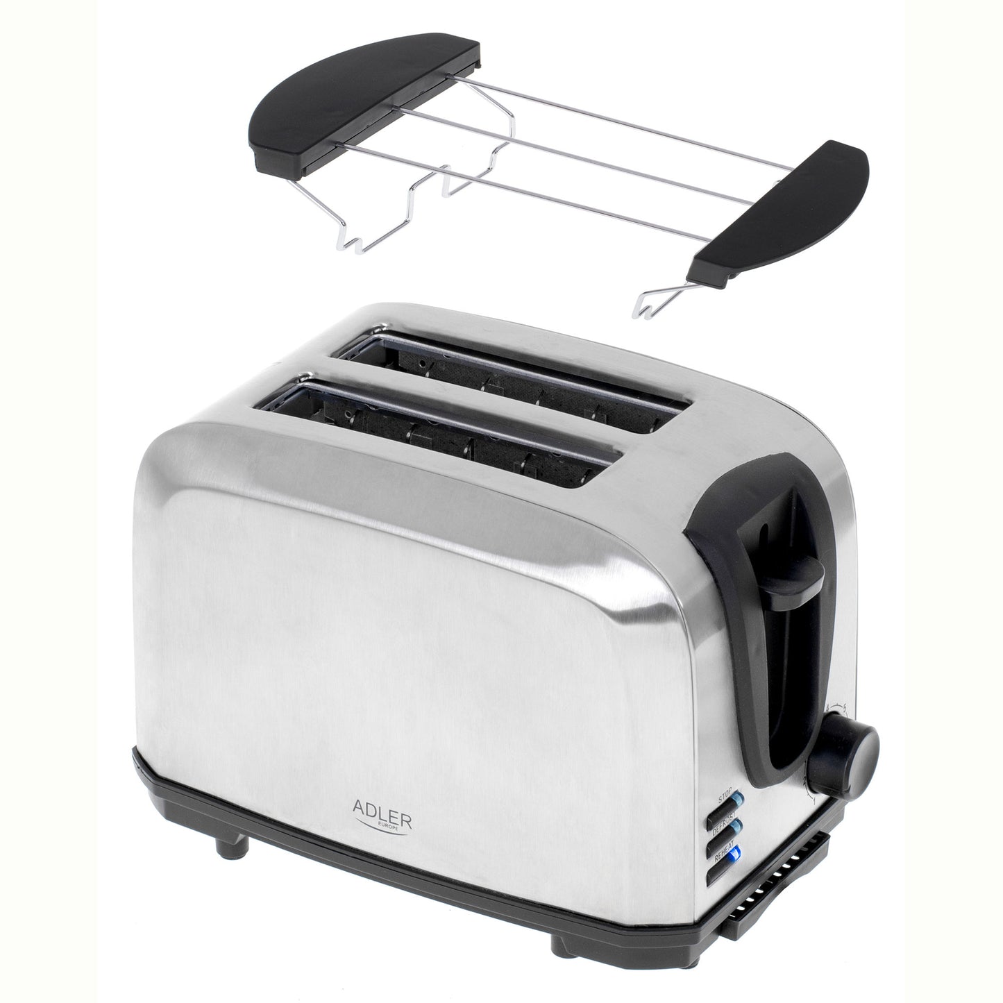 Tostadora Pan 2 Rebanadas, 7 Niveles Tostado 3 Funciones, Calienta Panecillos, Acero Inoxidable Adler Ad3222, Acero Inoxidable, 1000w_0
