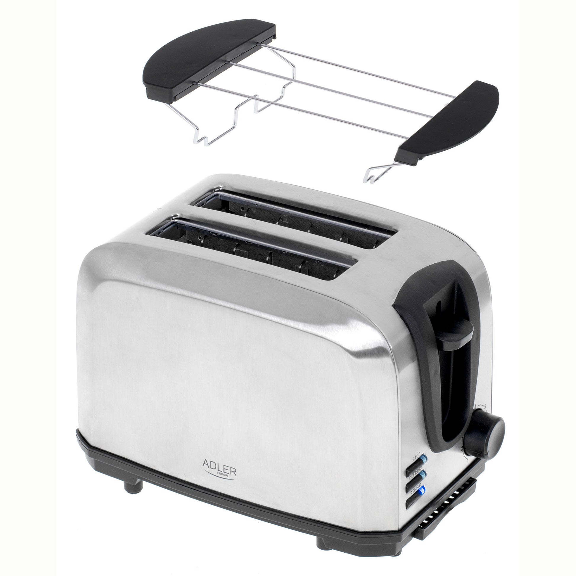 Tostadora Pan 2 Rebanadas, 7 Niveles Tostado 3 Funciones, Calienta Panecillos, Acero Inoxidable Adler Ad3222, Acero Inoxidable, 1000w_0