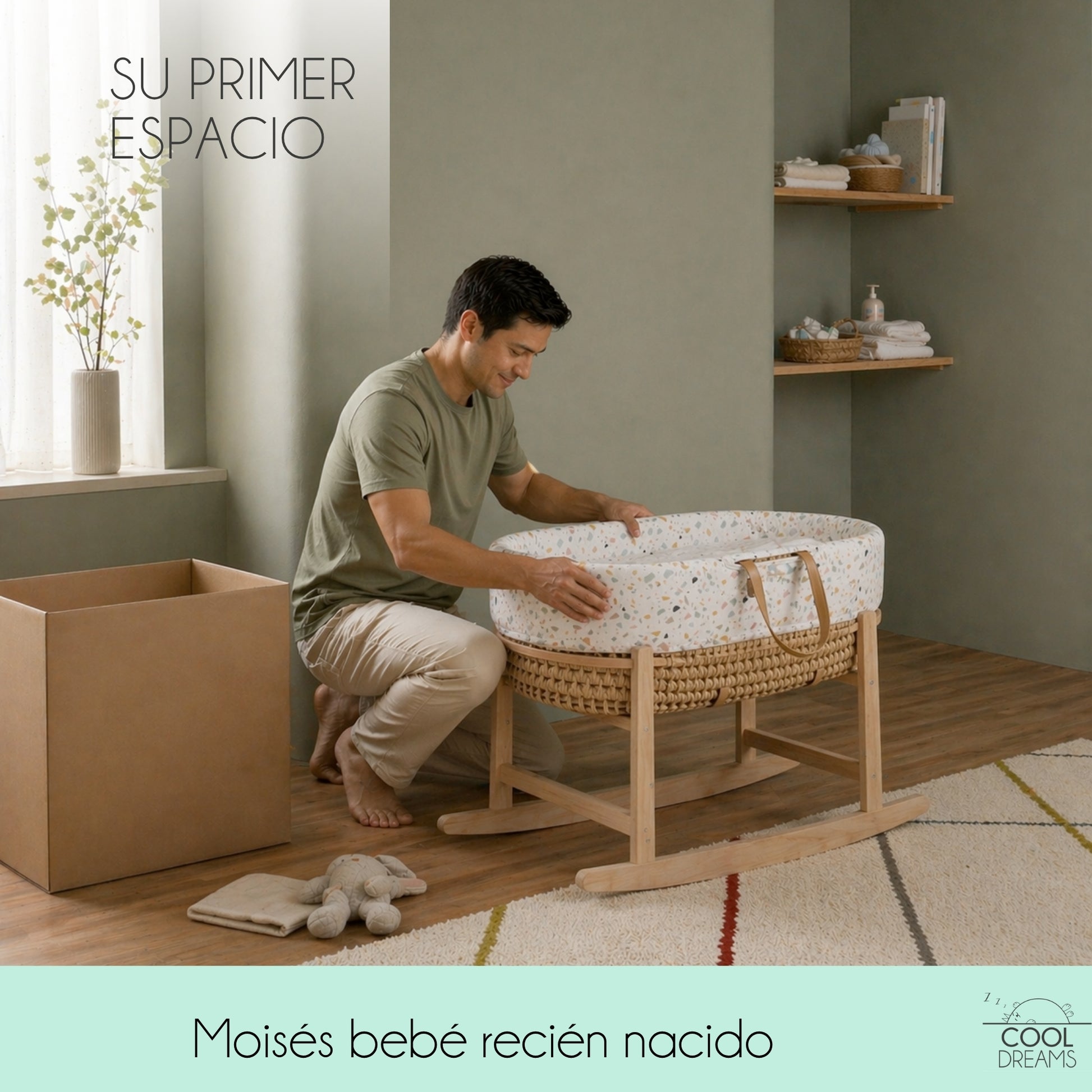 Moisés Completo Para Bebé (vestidura De Algodón Zenith Granite + Colchón + Estructura Balancín + 2 Bajeras Impermeables)_1