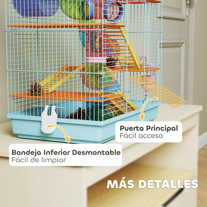 Pawhut Jaula Para Hámster Con Tubos Casita Rueda Plataformas 47x30x59 Cm Azul_5