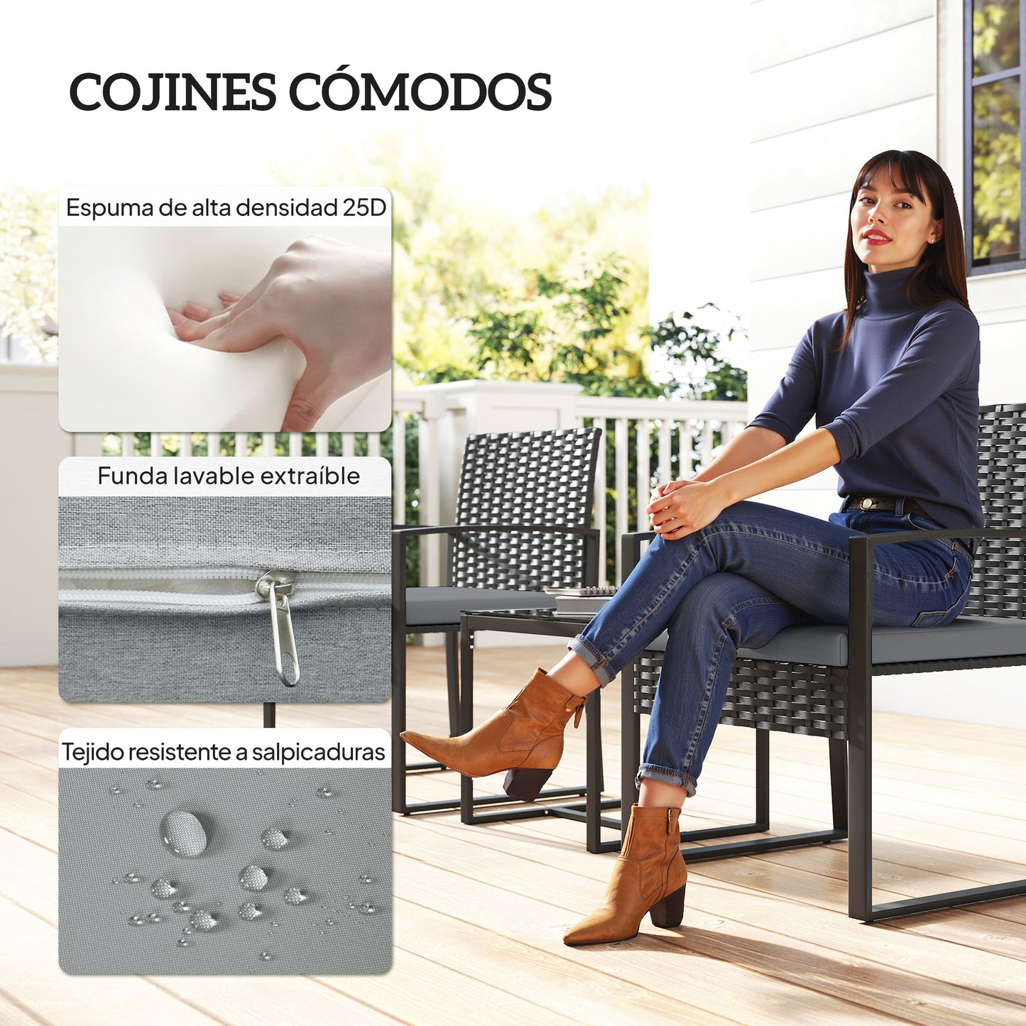 Outsunny Muebles De Jardín Con 2 Sillas Con Cojines Lavables Y Mesa De Vidrio_5