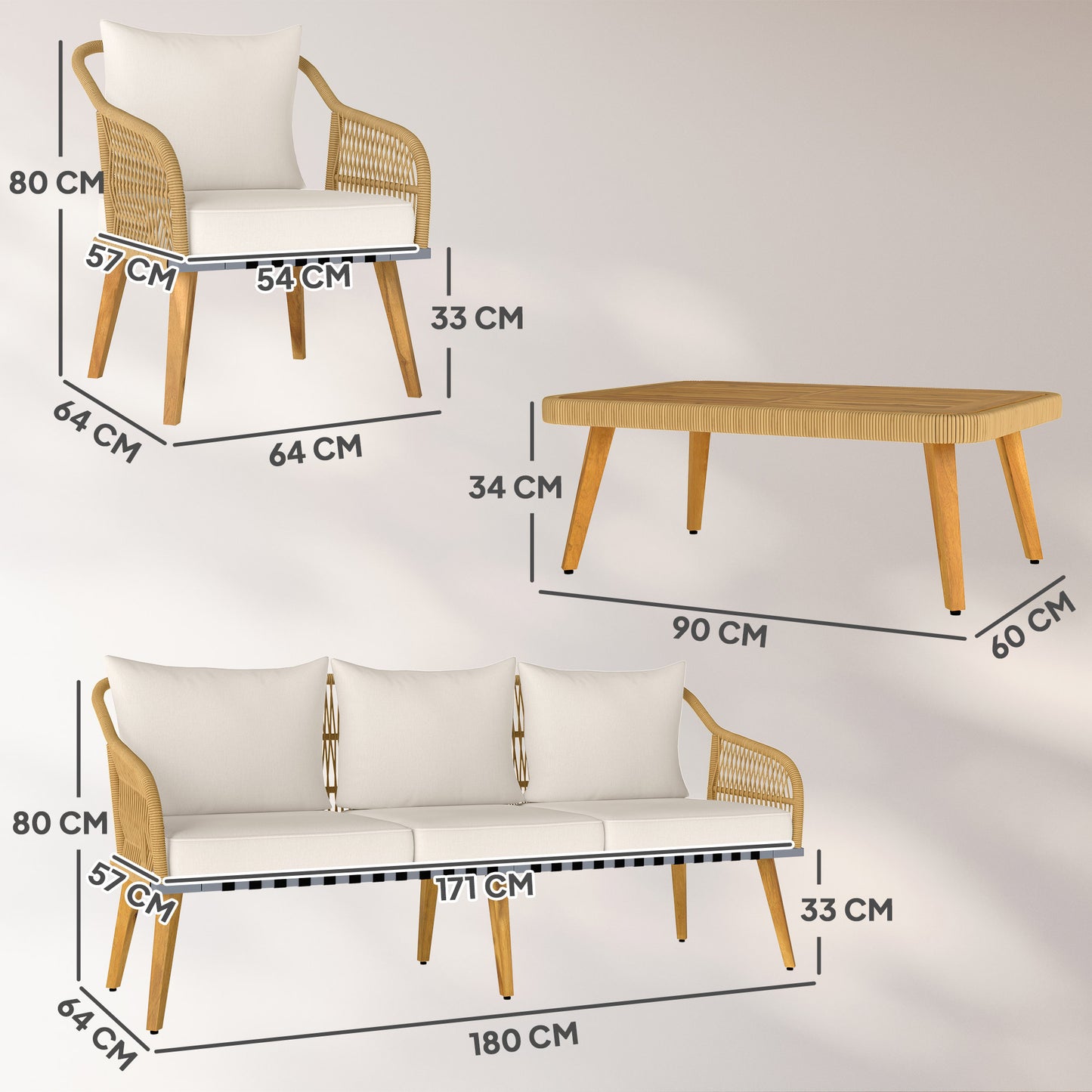 Outsunny Conjunto Jardín Exterior De Ratán Con Cojines Patas De Madera De Acacia_2