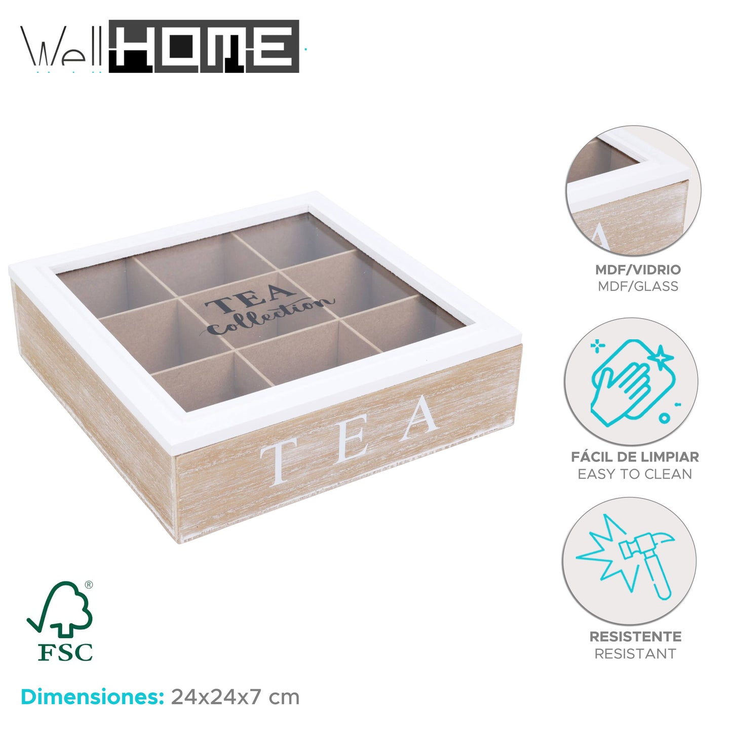 Well Home Caja De Té De 9 Compartimentos Con Tapa De Vidrio En Mdf Blanco