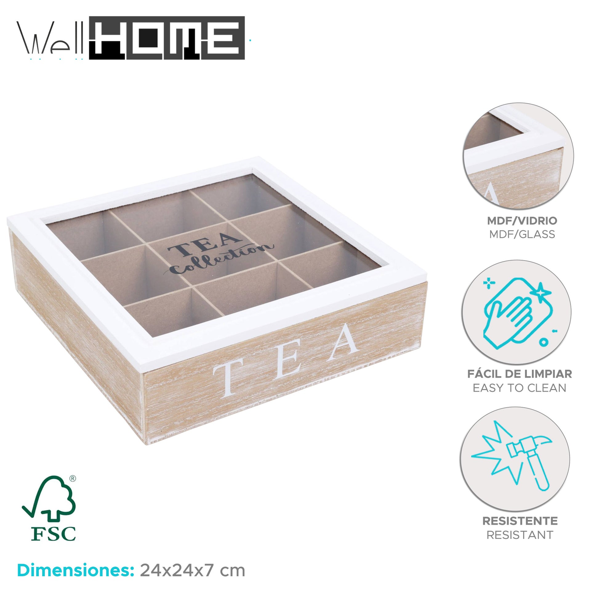 Well Home Caja De Té De 9 Compartimentos Con Tapa De Vidrio En Mdf Blanco